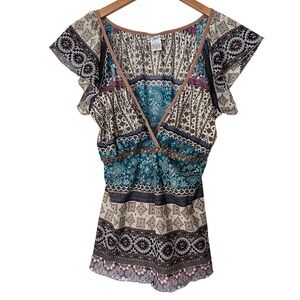 Y2K Mesh Babydoll Sequin Trim Top Size Large Paisley Patchwork Boho Whimsigoth